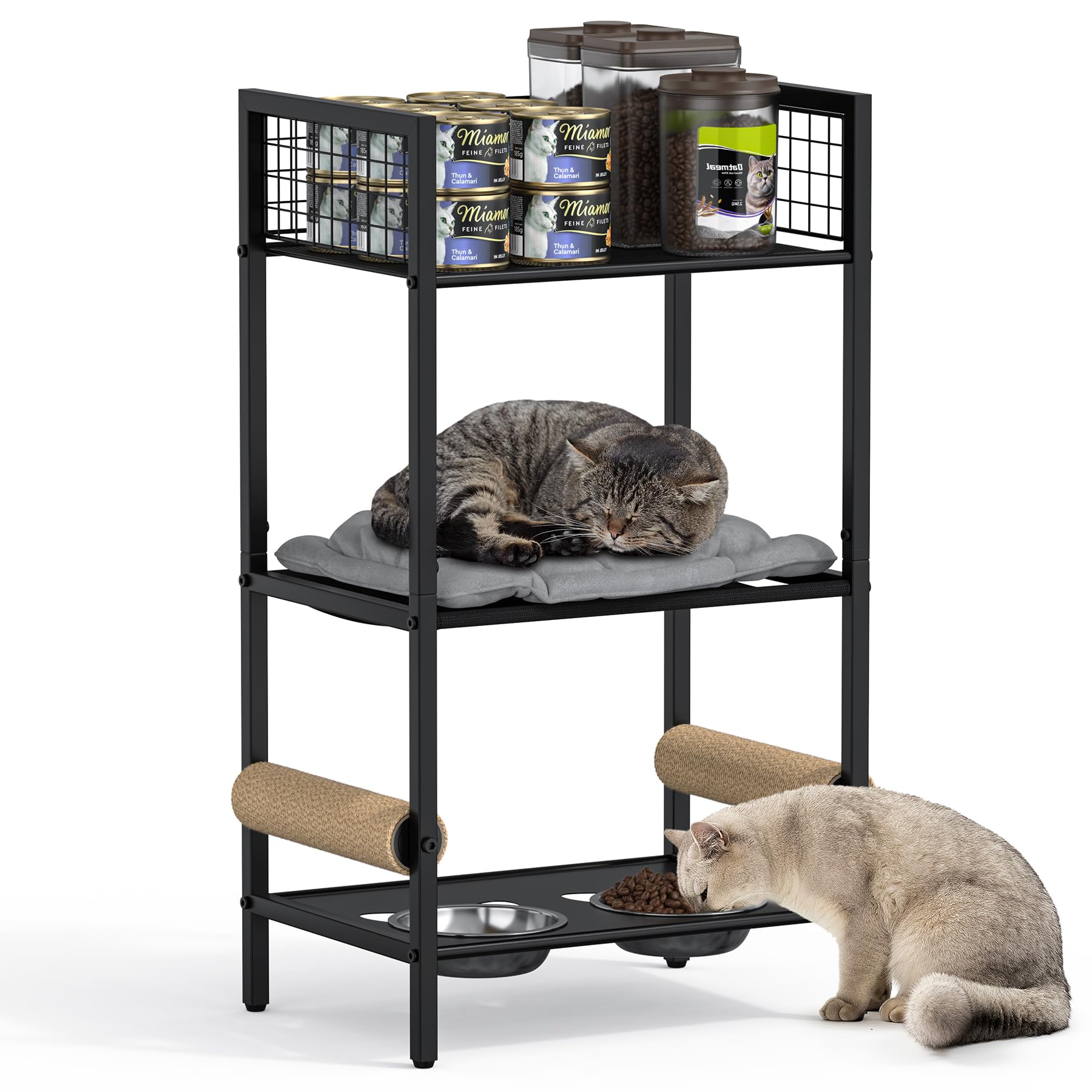Photo 1 of 4in1 Cat Furniture Stand with Cat Scratching Post, Cat Food Bowls, Cats Bed Platform, Cats Food Storage Organizer, All in One Pet Furniture for Small Space (Black)