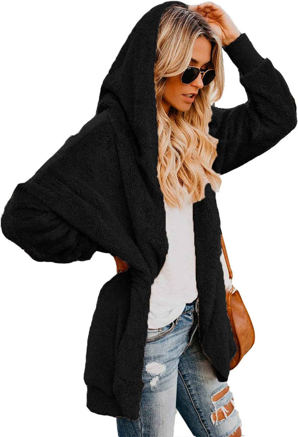 Alelly Women Casual Fuzzy Fleece Hooded Cardigan Outerwear Winter Coat with Pocket …
