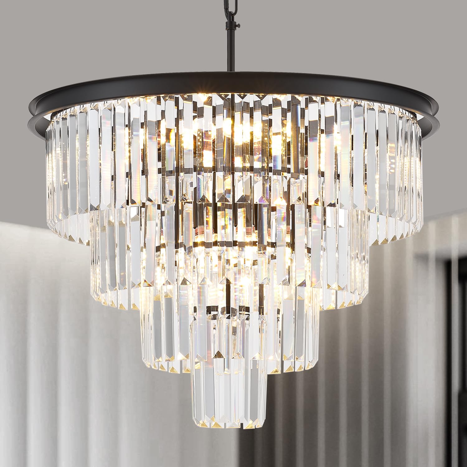 Photo 1 of **Untested**
brfaixla 4-Tiers 23.6" Black Modern Crystal Chandelier 12-Light Crystal Pendant Ceiling Light Fixture Hanging Lighting for Entryway Dining Room Bedroom Living Room Foyer High Ceiling