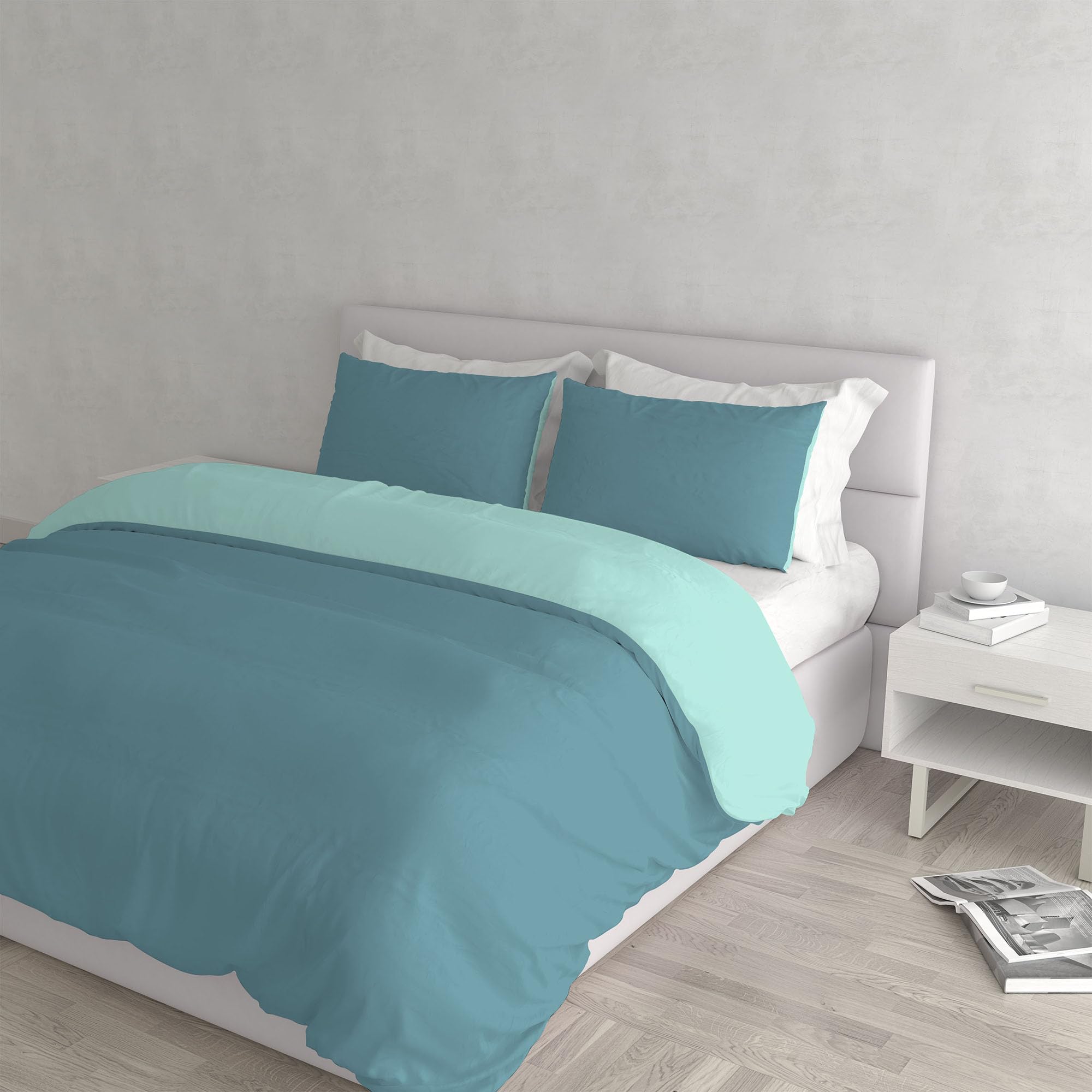 Italian Bed Linen Natural Color Duvet Cover Set with Doubleface Solid Colour Bag Sheet and Pillowcase, Ottanio/Water Green, Double