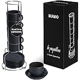 MIAMIO - 2.5 oz Espresso Cup Set with Saucers Coffee Mug Set of 6 - Ceramic Coffee Mug Stackable Espresso Mug with Stand for Coffee Drinks, Latte, Cafe Mocha - Le Papillon Collection (Black)