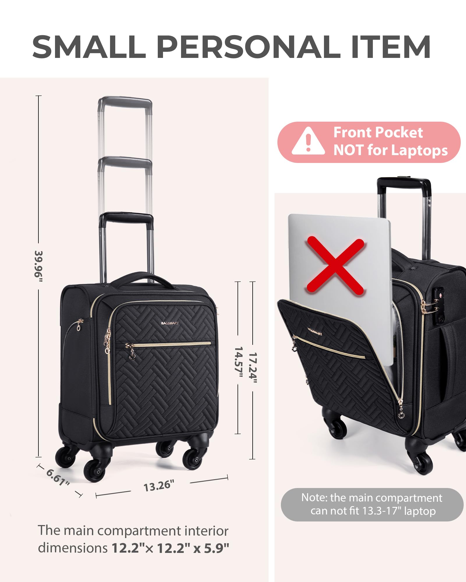 BAGSMART Underseat Carry On luggage Airline approved, 16-inch Softside Underseater Travel Suitcase with Spinner Wheels Lightweight Overnight Bag Small Rolling Carry-on for Women Men Weekender,Black