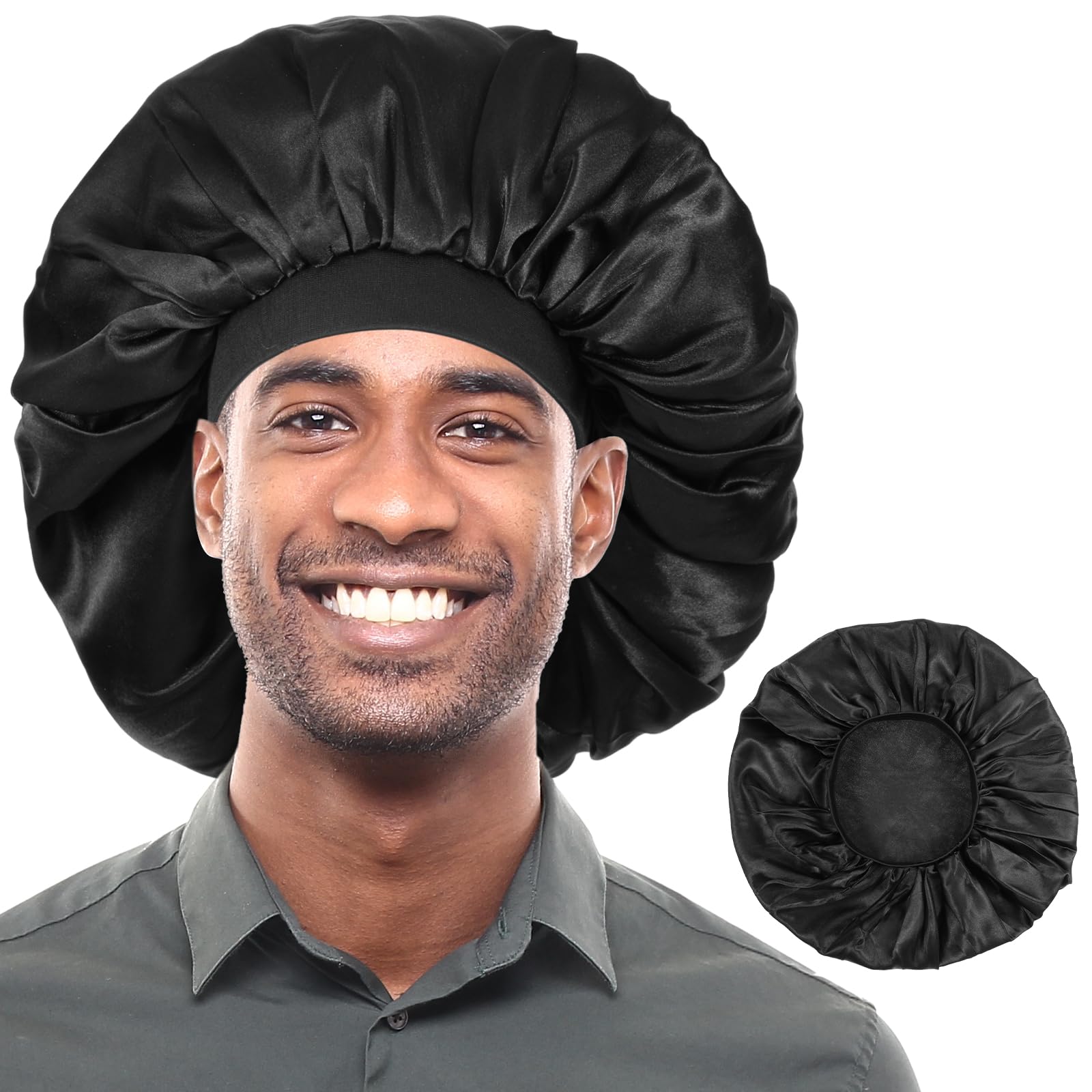 COMNICO Bonnet for Men, Silk Single Layer Hair Bonnet for Sleeping, Night Wrap Sleep Cap with Adjustable Strap Reversible Sleep Cap Satin Bonnets for Women Men Curly Hair Black