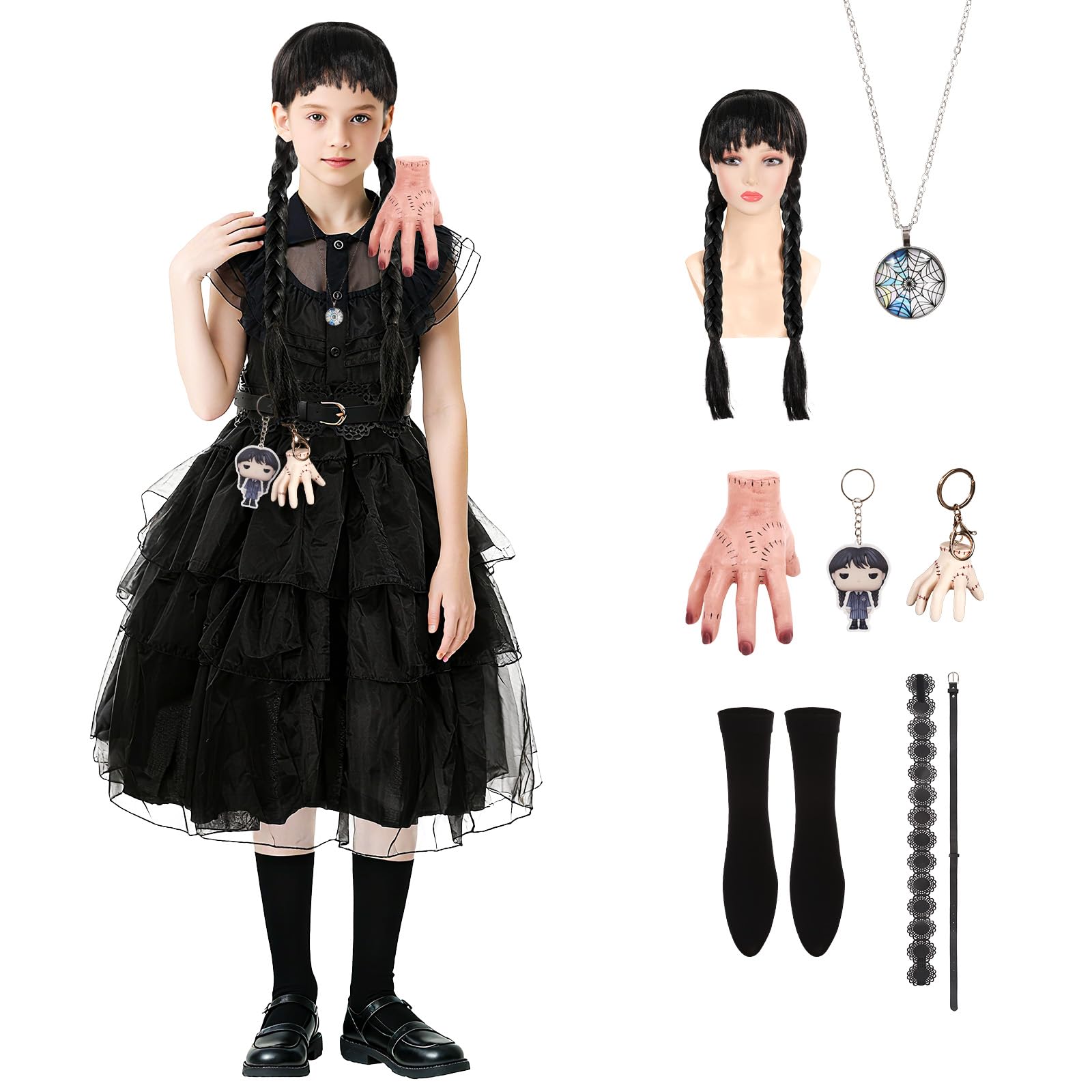 Photo 1 of ***MISSING ACCESSORIES*** Black Costume Dress for Girls 4-12 Years Girls Outfits with Accessories Dress Up Set Halloween Cosplay Party (A, 9-10 Years)