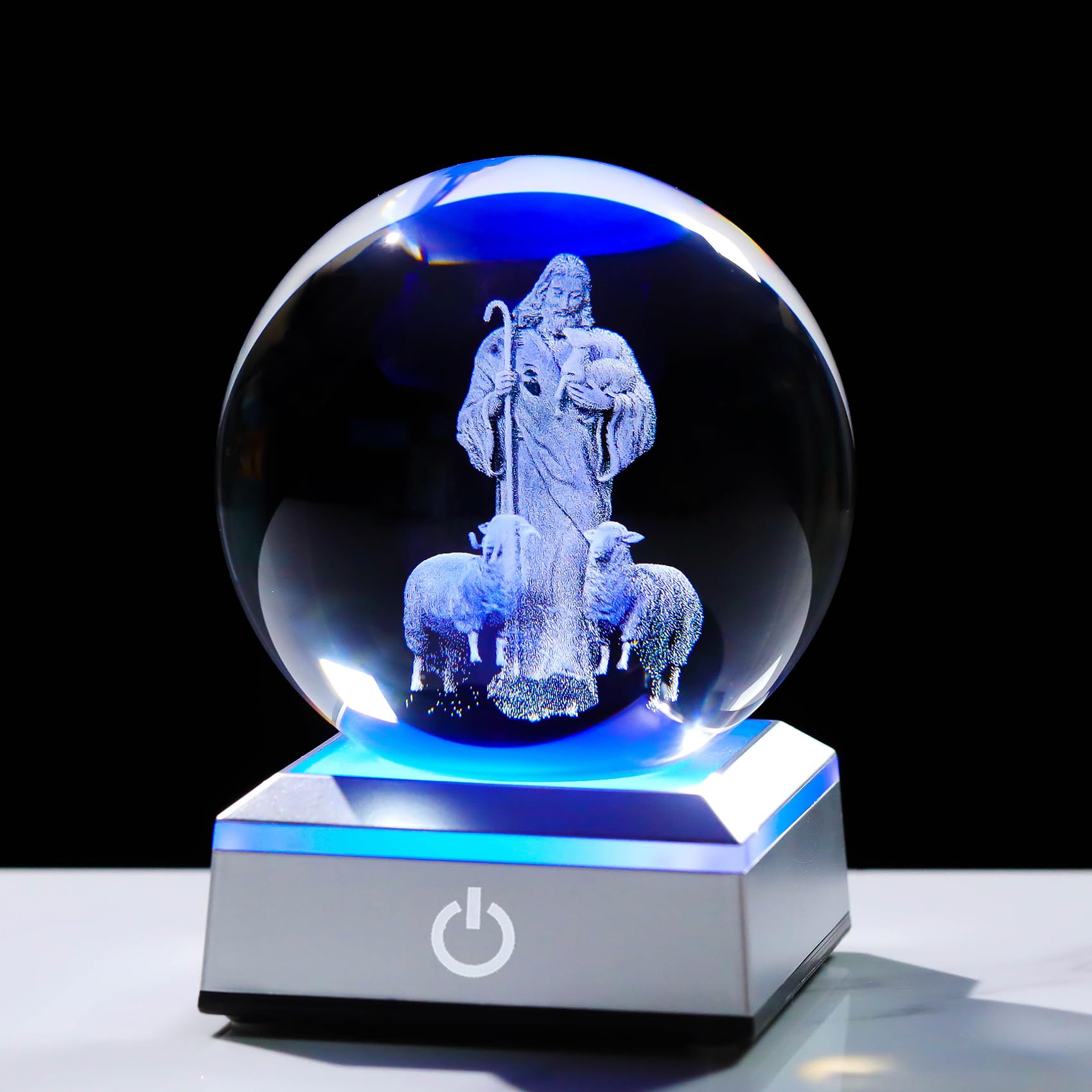 Movdyka 3.15" Crystal 3D Good Shepherd Ball Christian Gifts for Men Women Glass Jesus Statue Orbs Christ Presents With Colorful Light Base Religious Figurines Funny Ornament