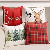 TOYPOPOR Christmas Decorations, Double Sided Plaid Throw Pillow Covers 16x16 Inches Set of 4, Christmas Tree, Snowflakes, Merry Christmas, Snowman Reindeer Winter Holiday Pillowcase for Sofa Couch