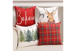 TOYPOPOR Christmas Decorations, Double Sided Plaid Throw Pillow Covers 18x18 Inches Set of 4, Christmas Tree, Snowflakes, Merry Christmas, Snowman Reindeer Winter Holiday Pillowcase for Sofa Couch