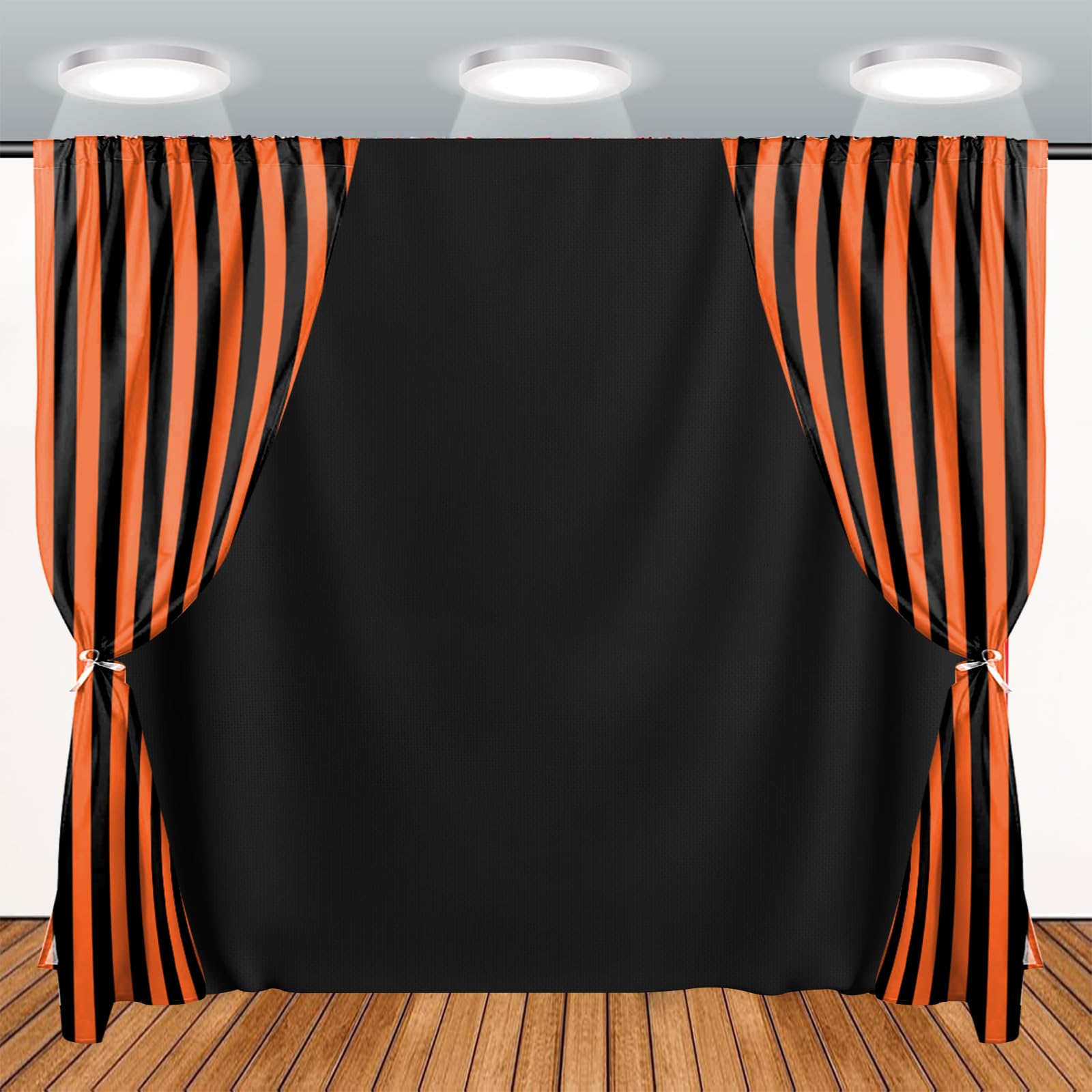 Photo 1 of 3 Pcs Halloween Party Photo Backdrop 4.9 × 6.6 ft Orange Black Striped Polyester Curtain Backdrop Photo Booth Props for Halloween Birthday Party Anniversary Photography Background Decoration