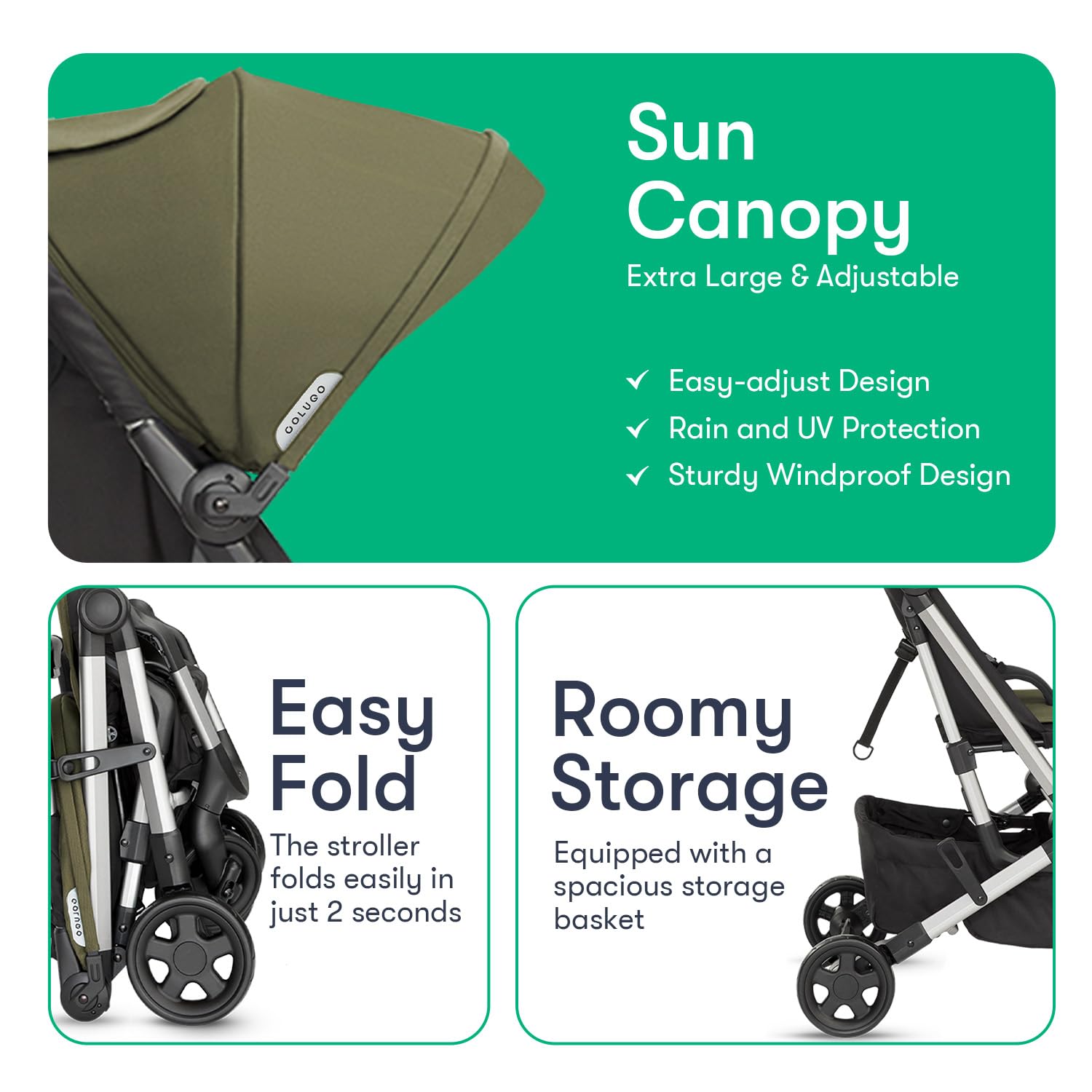 Colugo Compact Stroller - One Hand Fold Lightweight, Travel, Toddler, Airplane, Foldable Stroller with Rain Cover, Backpack and Cup Holder (Olive)