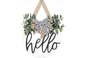 Dahey Hello Sign for Front Door Decor Winter Wreath 12 Inch Round Hanging Door Decor Outdoor Indoor Home Porch Farmhouse Decoration for Christmas Day All Seasons Holiday Housewarming Gift, White