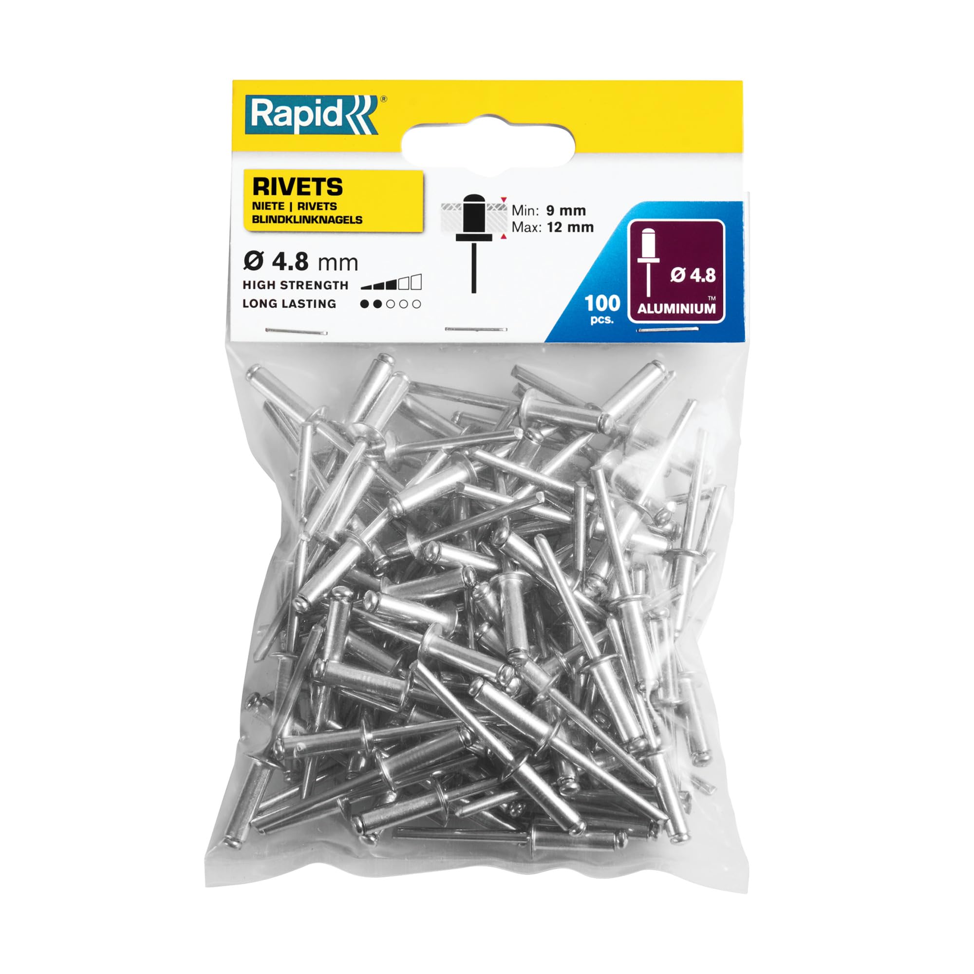 Rapid Rivets Standard Alumium rivets, 4,8 x 16 mm, 5000382 - 100 Pieces, Silver/ Blue/ Clear