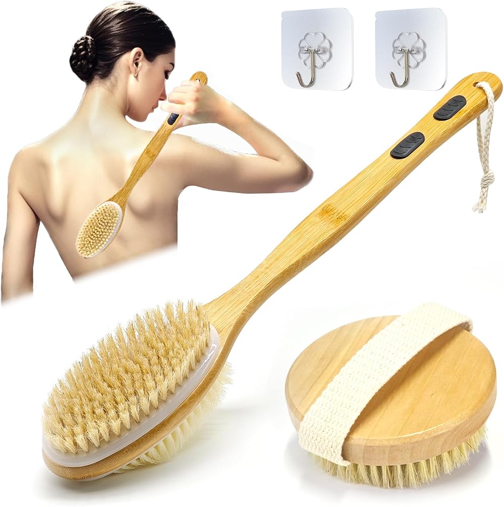 YUNYU Wet & Dry Brushing Body Brush Set 2pc Long Handle Back Scrubber