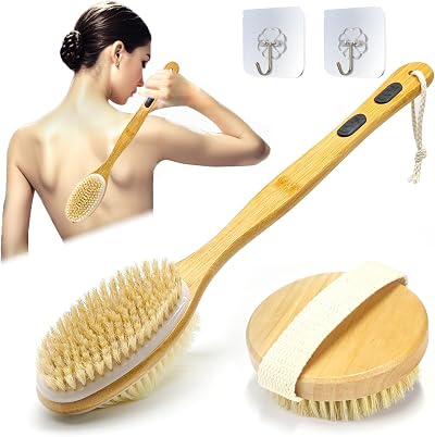 YUNYU Wet & Dry Brushing Body Brush Set 2pc Long Handle Back Scrubber