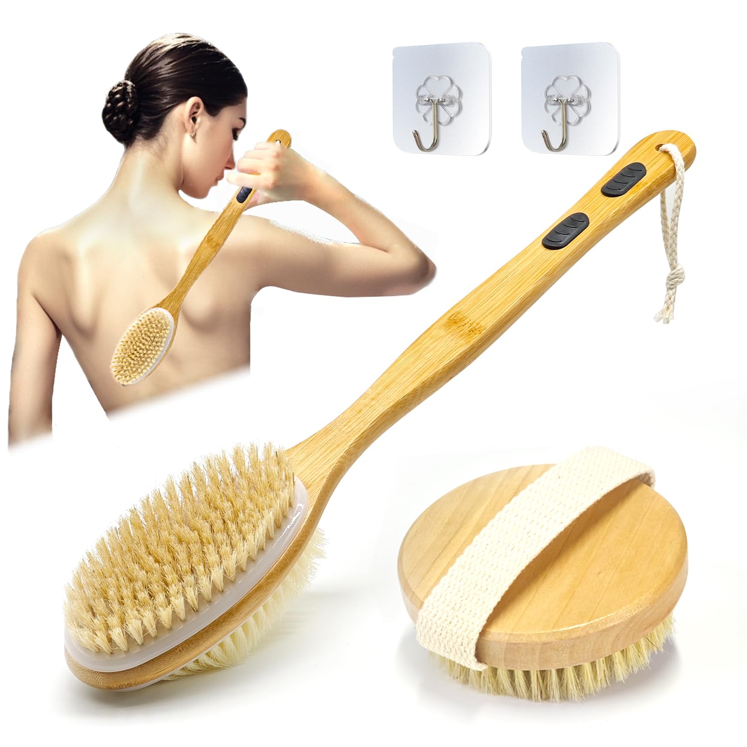 YUNYU Wet & Dry Brushing Body Brush Set, 2pcs Long Handle Back Scrubber & Round Head Dry Brush, Double-Sided for Exfoliation, Dead Skin Removal, Blood Circulation, for Men & Women