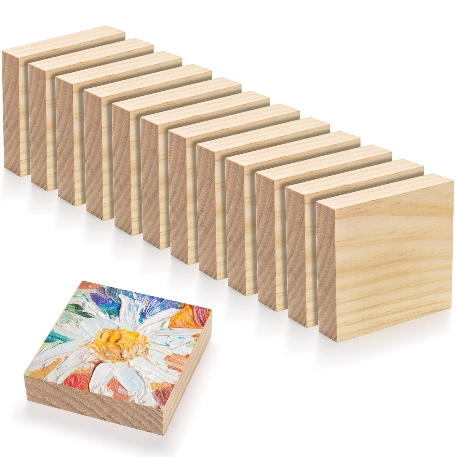 YOUEON 12 Pack Unfinished Wood Blocks for Art and Crafts, 4 X 4 X 1 Inch MDF Wood Board Wooden Square Blocks Craft Panels, Great for Crafts, Painting, DIY Projects, Carving, Engraving