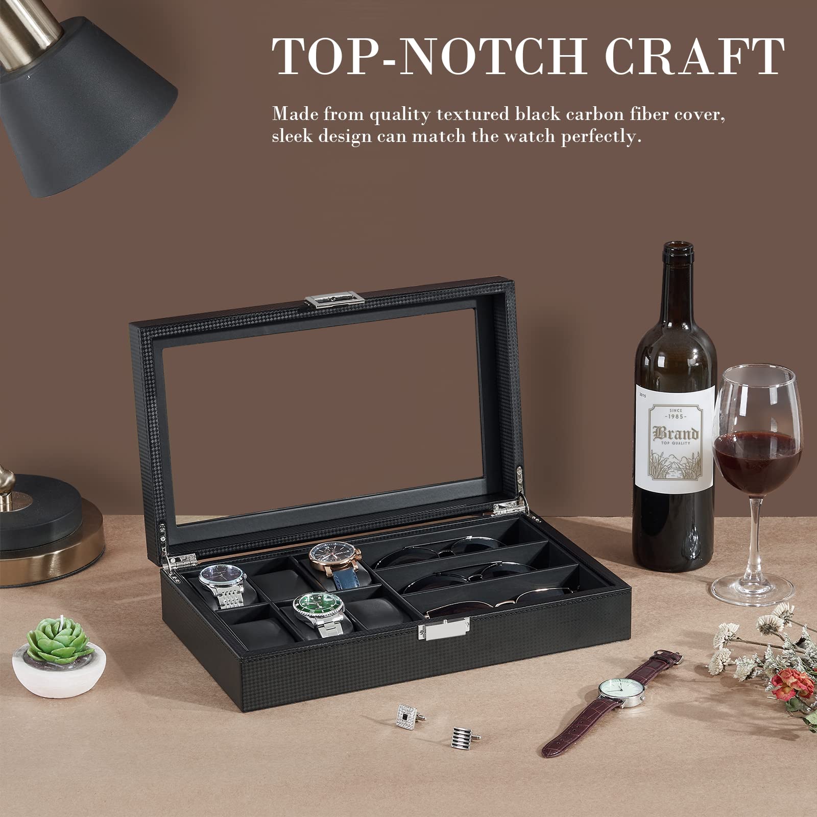 BEWISHOME Watch Box 6-Slot Watch Case and 3-Slots Sunglasses Box for Men, Sunglasses Storage with Large Glass Lid, Jewelry Box for Men Women Black SSH18C