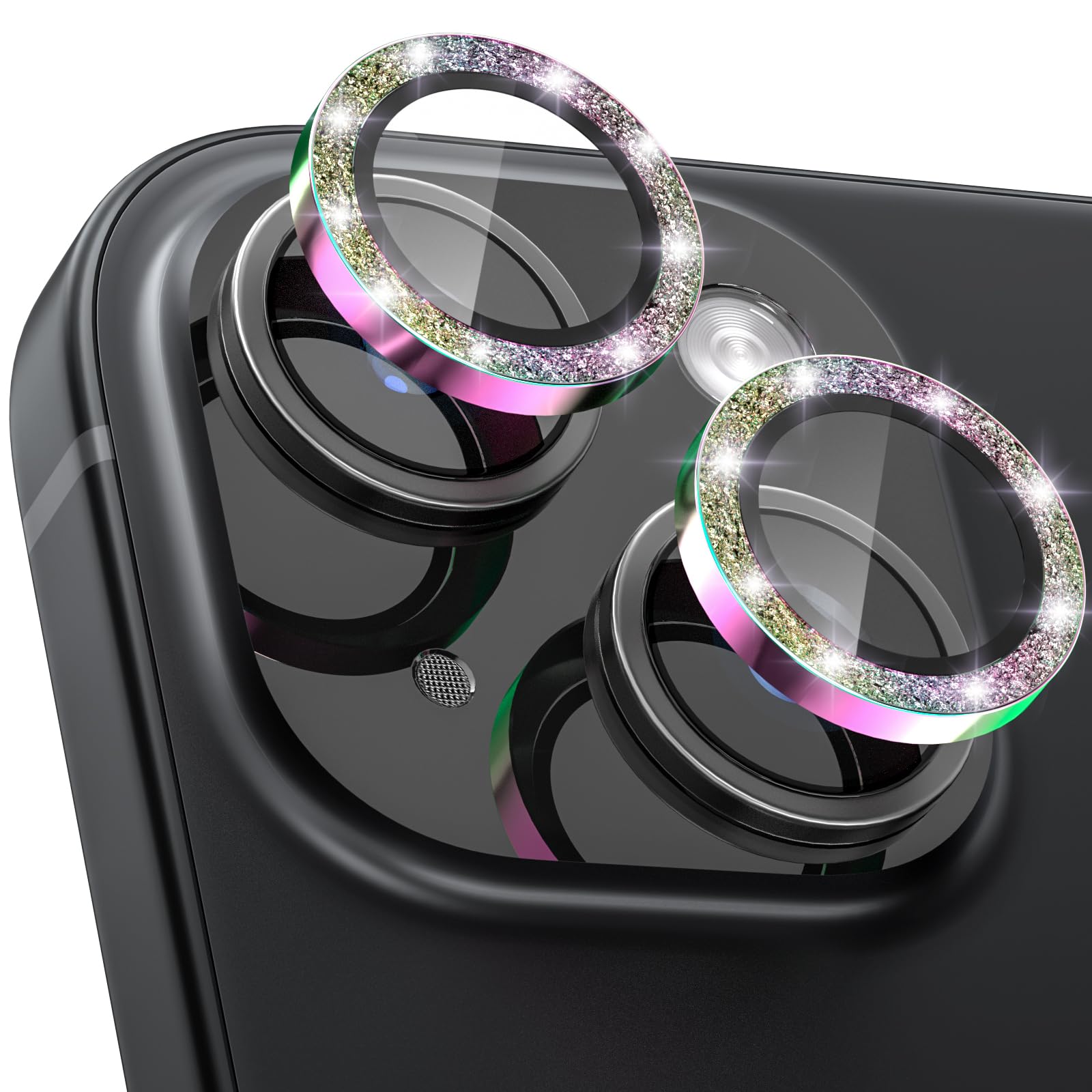 CloudValley for iPhone 15 Plus/iPhone 15 Camera Lens Protector, Ultra-HD Tempered Glass Camera Cover [Case-Friendly] Metal Individual Lens Screen Protective Ring, Glitter Colorful