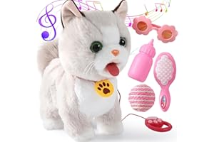 Ylpaprm Walking Cat Set Interactive Talking Toy Kitten Repeat What You Say Robot Cat Toy for Girl Singing Dancing Touch Control with Leash Wagging Tail Nodding Plush Electric Ragdoll Kitty for Kid