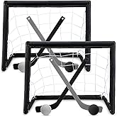 Leyndo 2 Sets Kids Mini Hockey Set Includes 2 Hockey Nets 2 Mini Hockey Goal 4 Plastic Mini Hockey Sticks 4 Foam Balls Knee Hockey Goal Hockey Ball for Kids Indoor Floor (Dark Color)