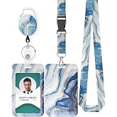 Uniclife Marbling Sliding Badge Holder Blue Marble Pattern Plastic Card Holder with Retractable Badge Reel Carabiner Detachable Lanyard Vertical Card Protector for Office Worker Nurse Teacher Student
