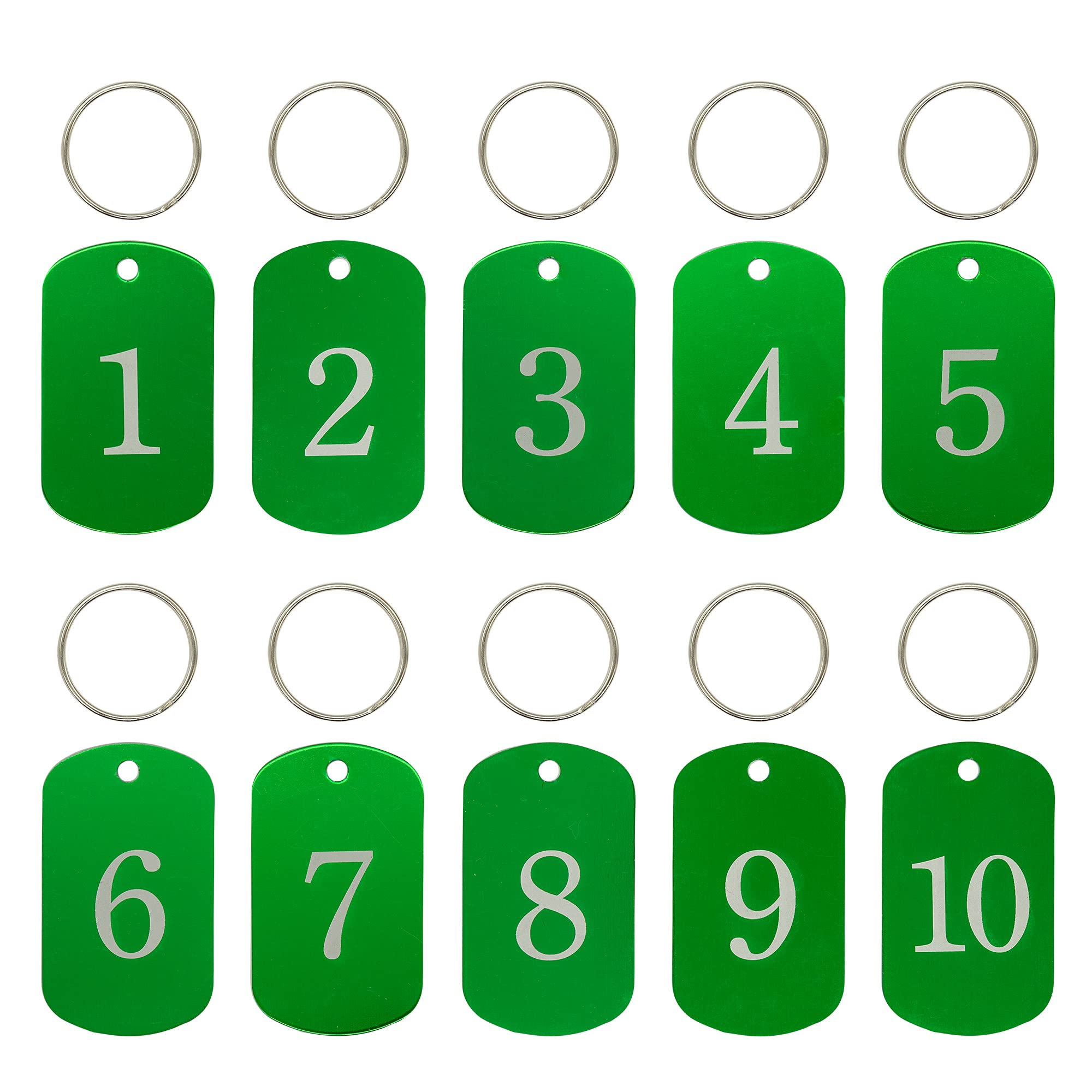 Aluminum Engraved Number Tags Key Tags ID Tags with Key Rings (1-10, Green)