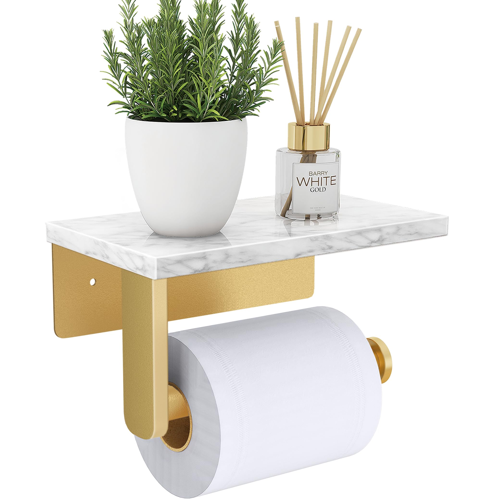 Photo 1 of Brushed Gold Toilet Paper Holder with Natural Marble Shelf, 304 Stainless Steel Screw Wall Mounted, Tissue Roll Paper Holder Dispenser for Bathroom Washroom