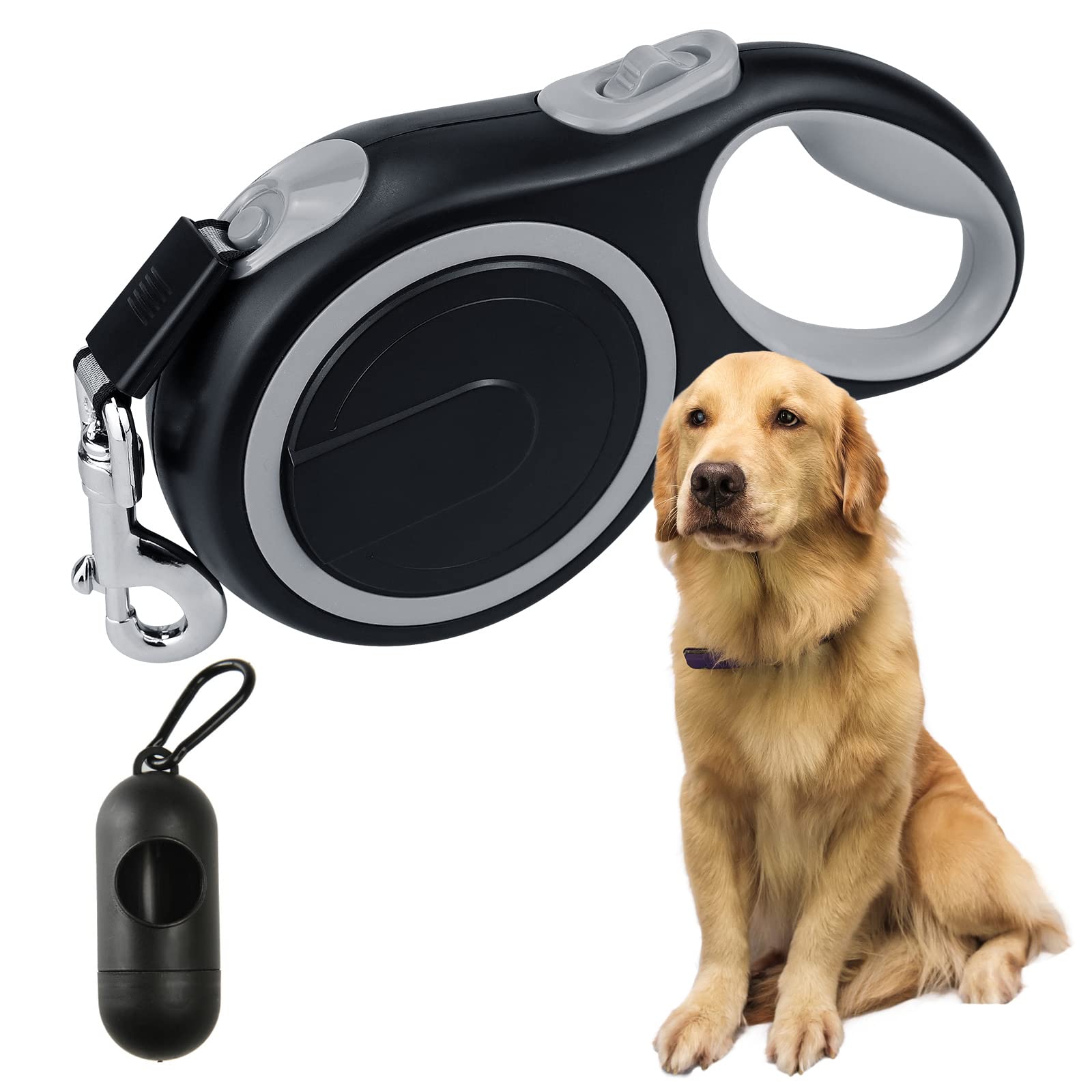 Retractable Dog Lead, 8M / 26FT Reinforced Extendable with Non-Slip Handle & Adjustable Dog Lead, Strong Nylon Band, One-Hand Brake, Pause Lock with Waste Dispenser Bags for Medium, Large Pets(Grey)