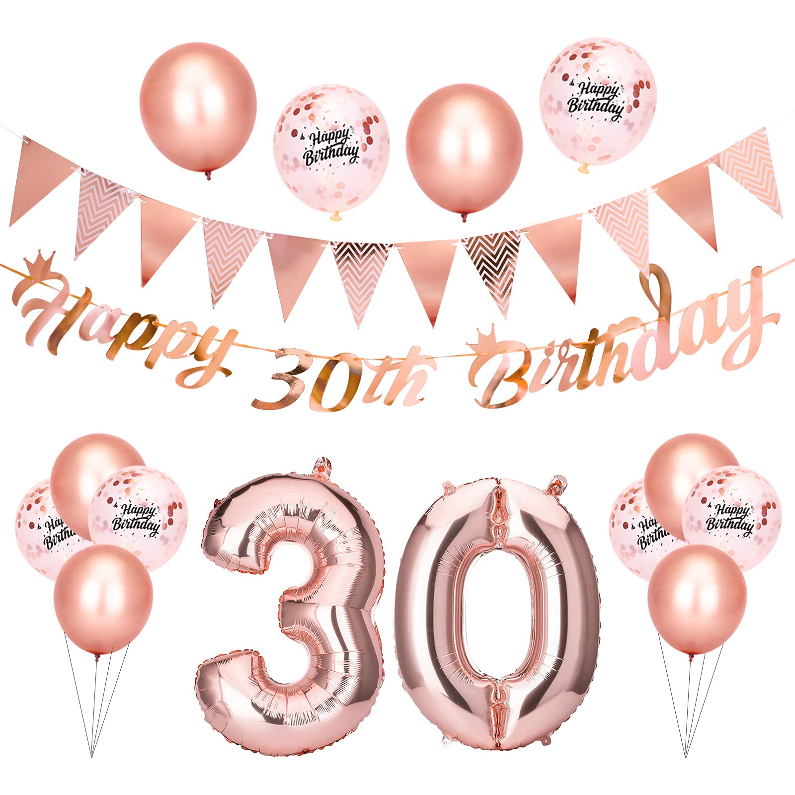 Beainfir 30th Birthday Decorations Set Include Rose Gold Happy 30th Birthday Banner,Triangle Flag Banner,Confetti Latex Balloons and Foil Balloons for Party Decoration Supplies for Girls and Boys