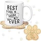 Baderke 2 Pcs Best Dog Mom Ever Mug with Bamboo Coasters 11.2 oz Dog Mom Gifts for Women Paw Puppy Coffee Cup Birthday Gifts for Pet Animal Lovers(Dogmom)