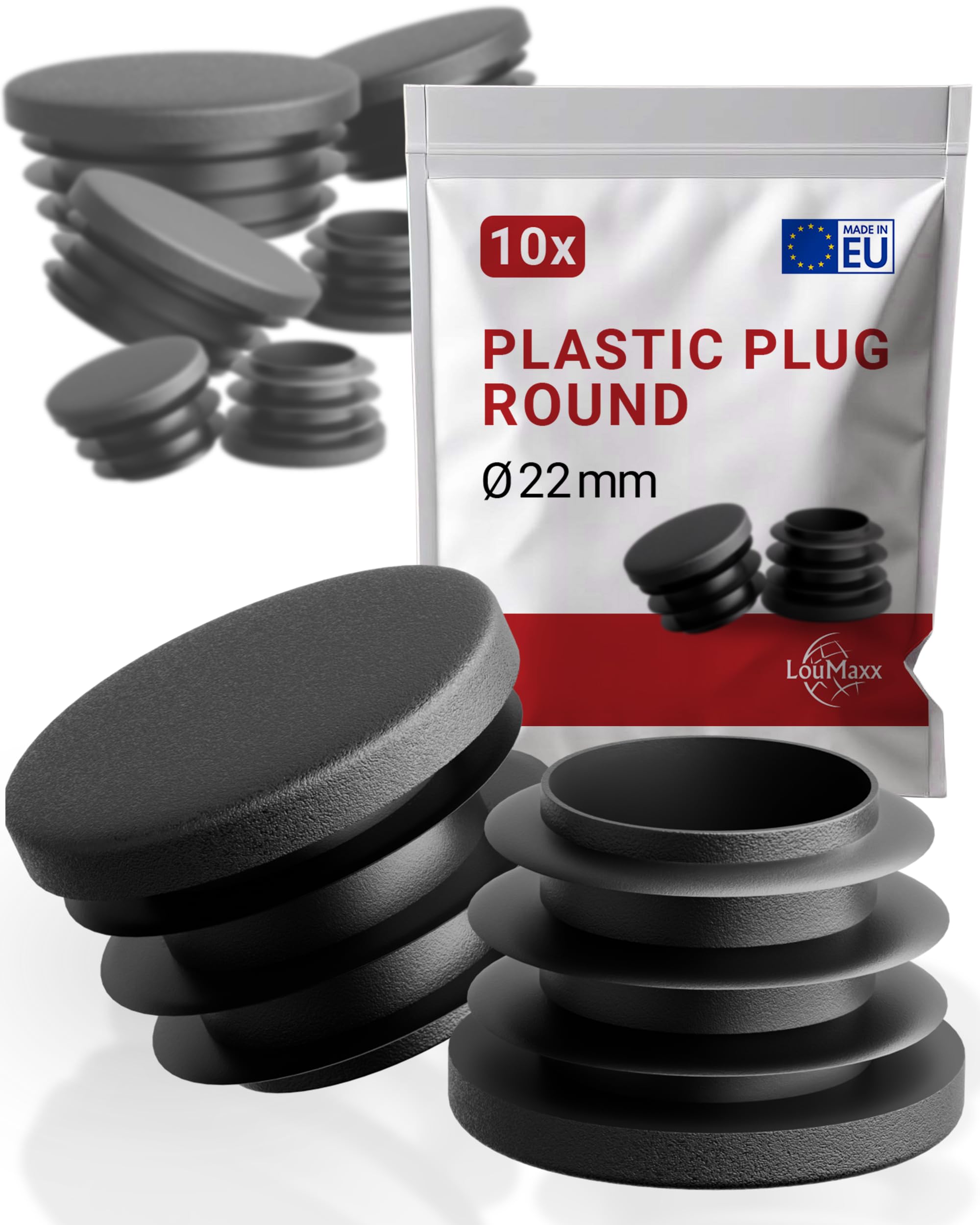 LouMaxx 22 mm Round Plugs - Set of 10 Robust Black Plastic End Caps for Pipes & Furniture Glides - UV-Resistant & Weather-Resistant for Indoor/Outdoor Use — image 1