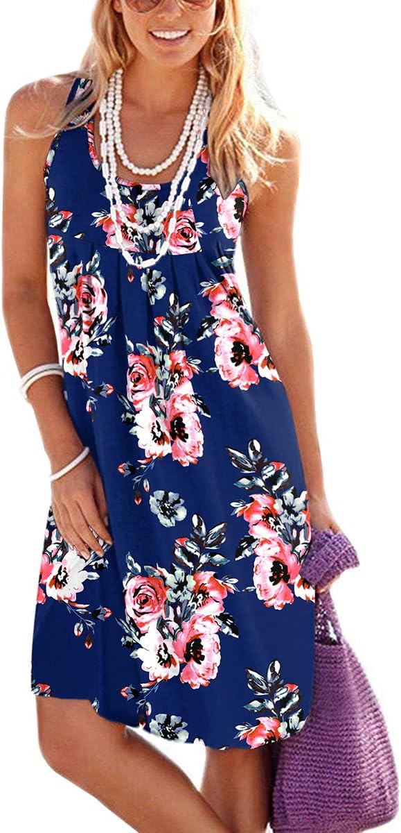 Jouica Women's Sleeveless Pleated Loose Swing Casual Dress with Pockets Knee Length
