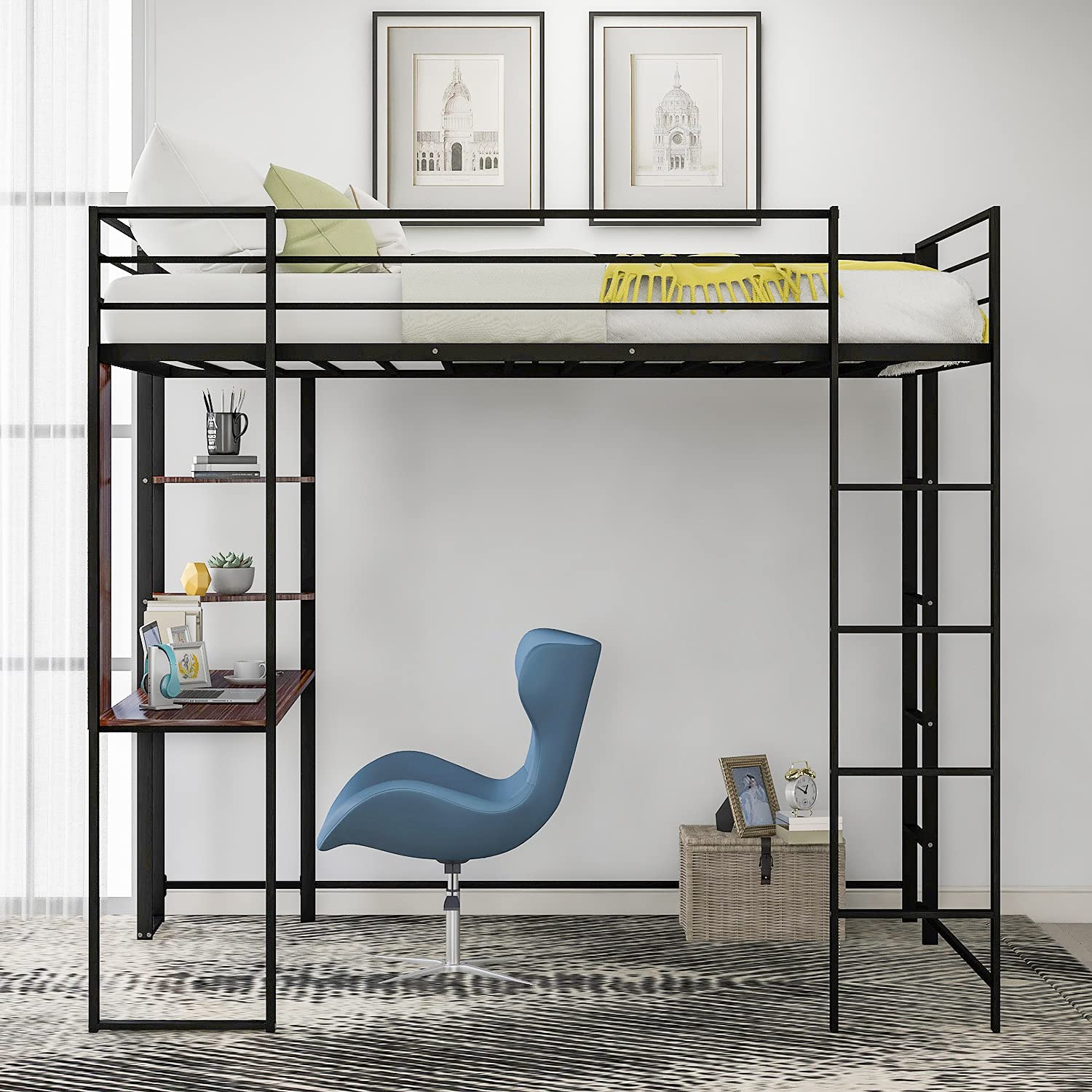 Metal Loft Bed With Desk And 2 Shelves Twin Full Loft Bed Frame For Kids Full Black Amazon In Furniture Metal Loft Bed With Desk And Shelves