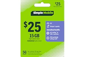 Simple Mobile $25 Prepaid 30-Day Plan: 15GB High-Speed 5G Data, Unlimited Talk, Text & ILD [Physical Card]