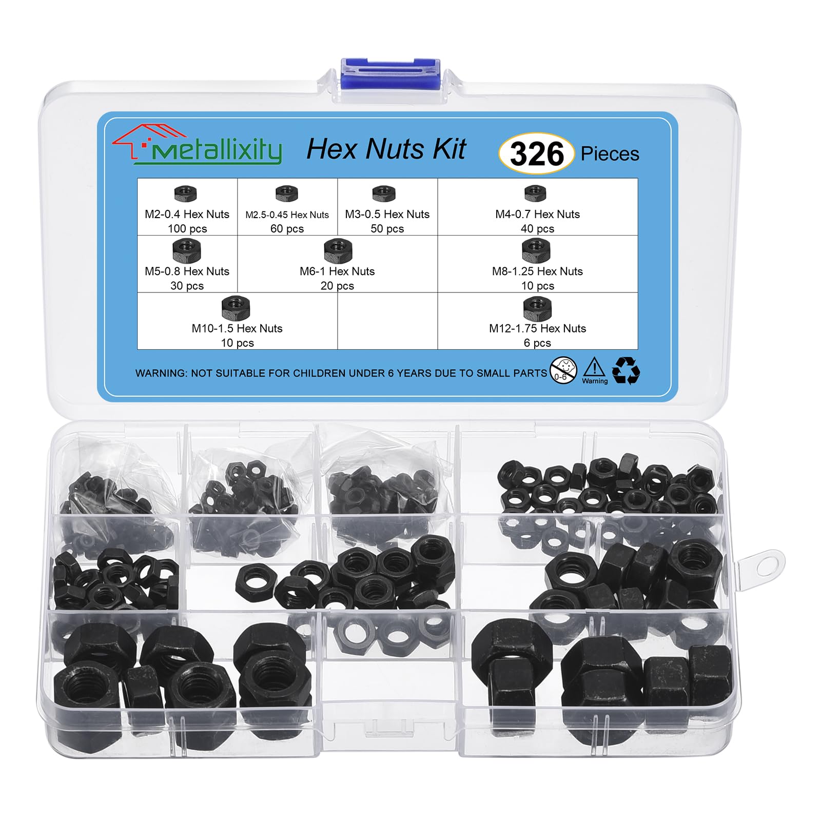 METALLIXITY Hex Nuts Assortment Kit (M2 M2.5 M3 M4 M5 M6 M8 M10 M12) 326Pcs, Carbon Steel Black Oxide Hexagon Nut Hardware Assorted