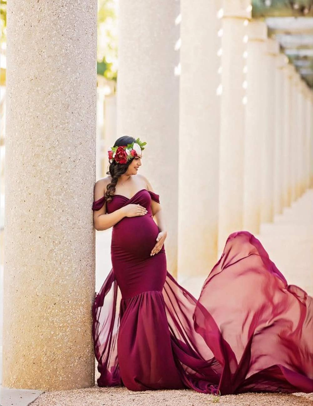 JustVH Maternity Off Shoulder Chiffon Gown Maxi Photography Dress for Photo Shoot Photo Props Dress Burgundy at  Women’s Clothing store