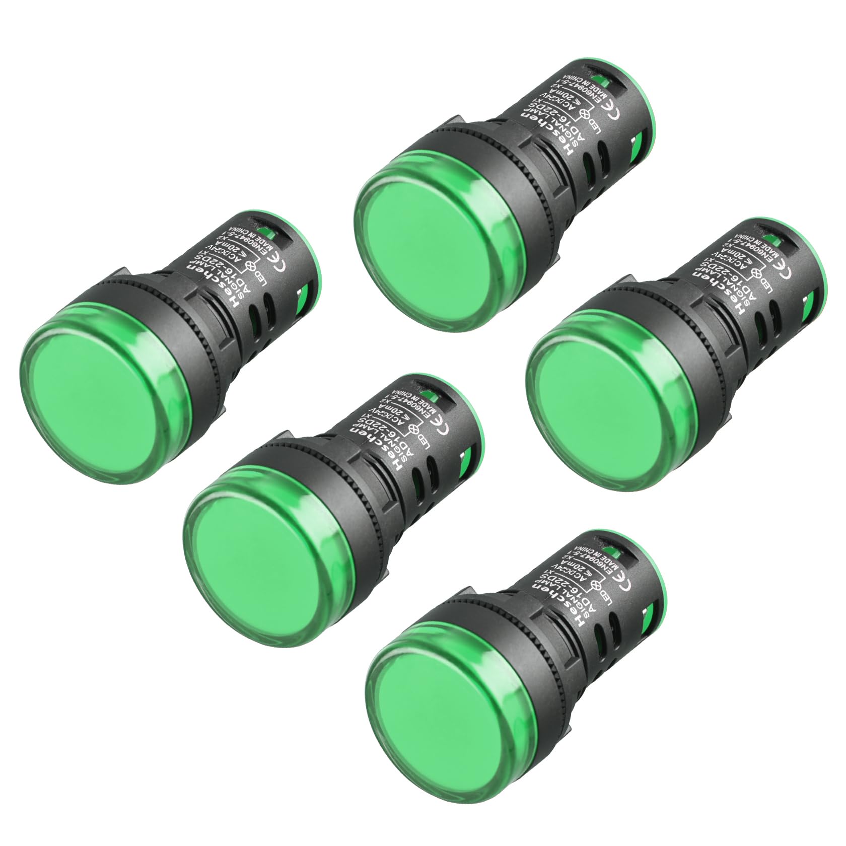 Heschen 22mm LED Indicator Pilot Light, AD16-22D/S, 24VDC 20mA, Green Light Colour, 5Pack