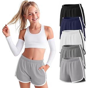 Custoneei 5 Pack Girls Athletic Dolphin Shorts | Back to School Wear, PE Class, with Pockets, Kids Active Sweatshorts, Runnin