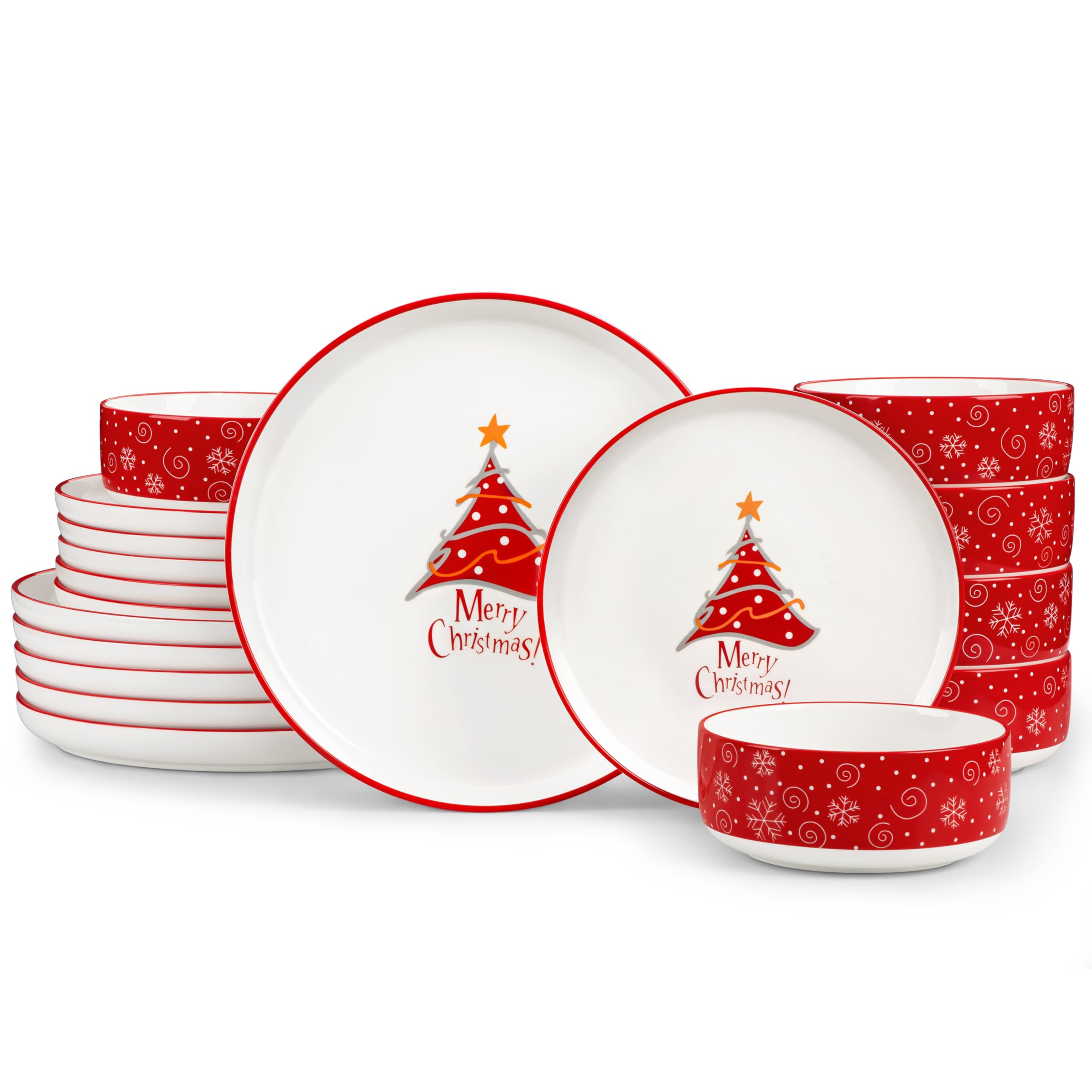 Photo 1 of MALACASA Plates and Bowls Sets, 18 Pieces Christmas Porcelain Dinnerware Set for 6, Ceramic Dishware Dishes Kitchen Dining Ware Set, Microwave and Dishwasher Safe, Series LUNA-Christmas Tree
