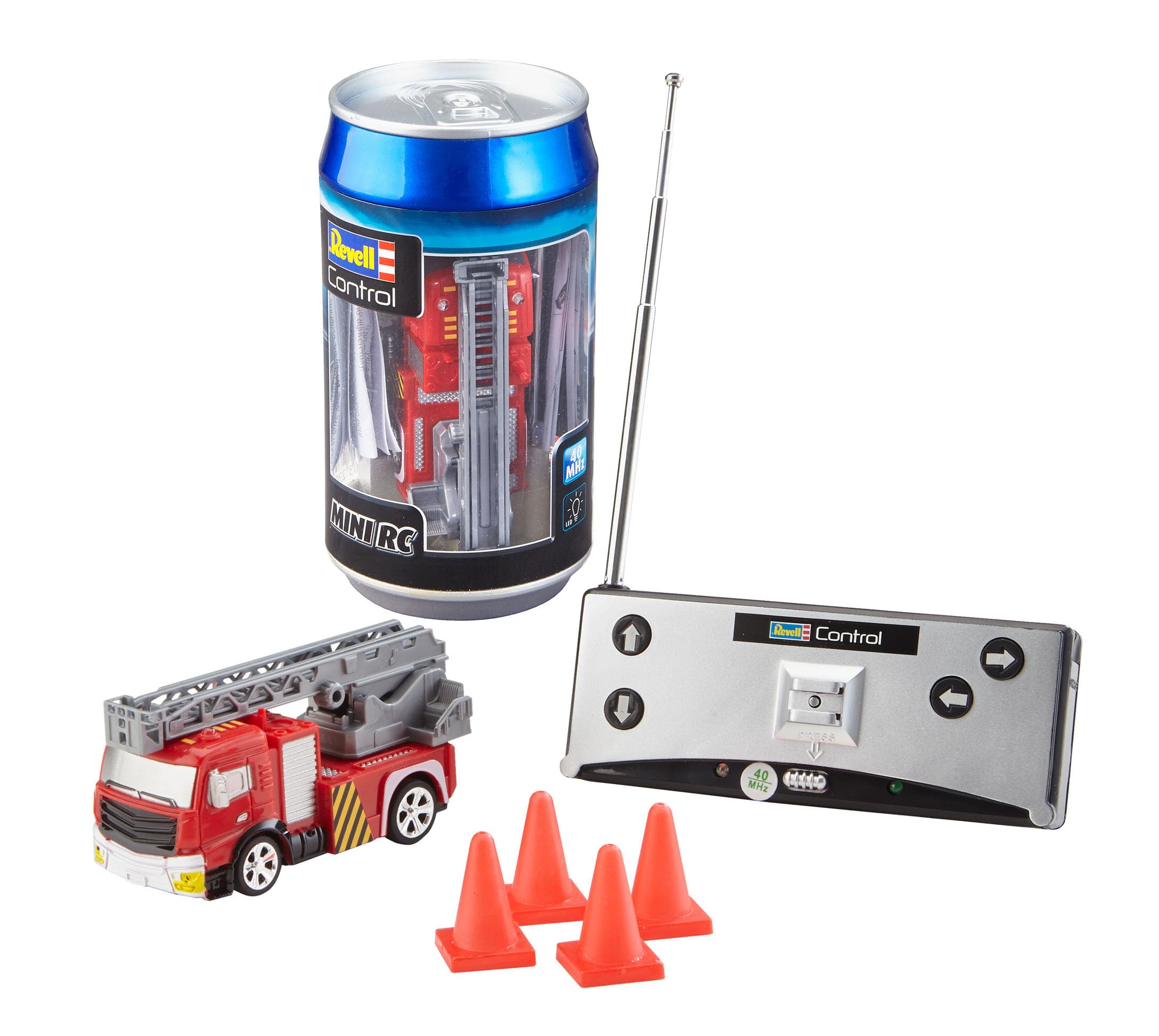 Revell Control 23558 Mini Remote Control Car Fire Truck, With 40 MHz Control, In a Can Container, Includes Traffic Cones, 8cm in length