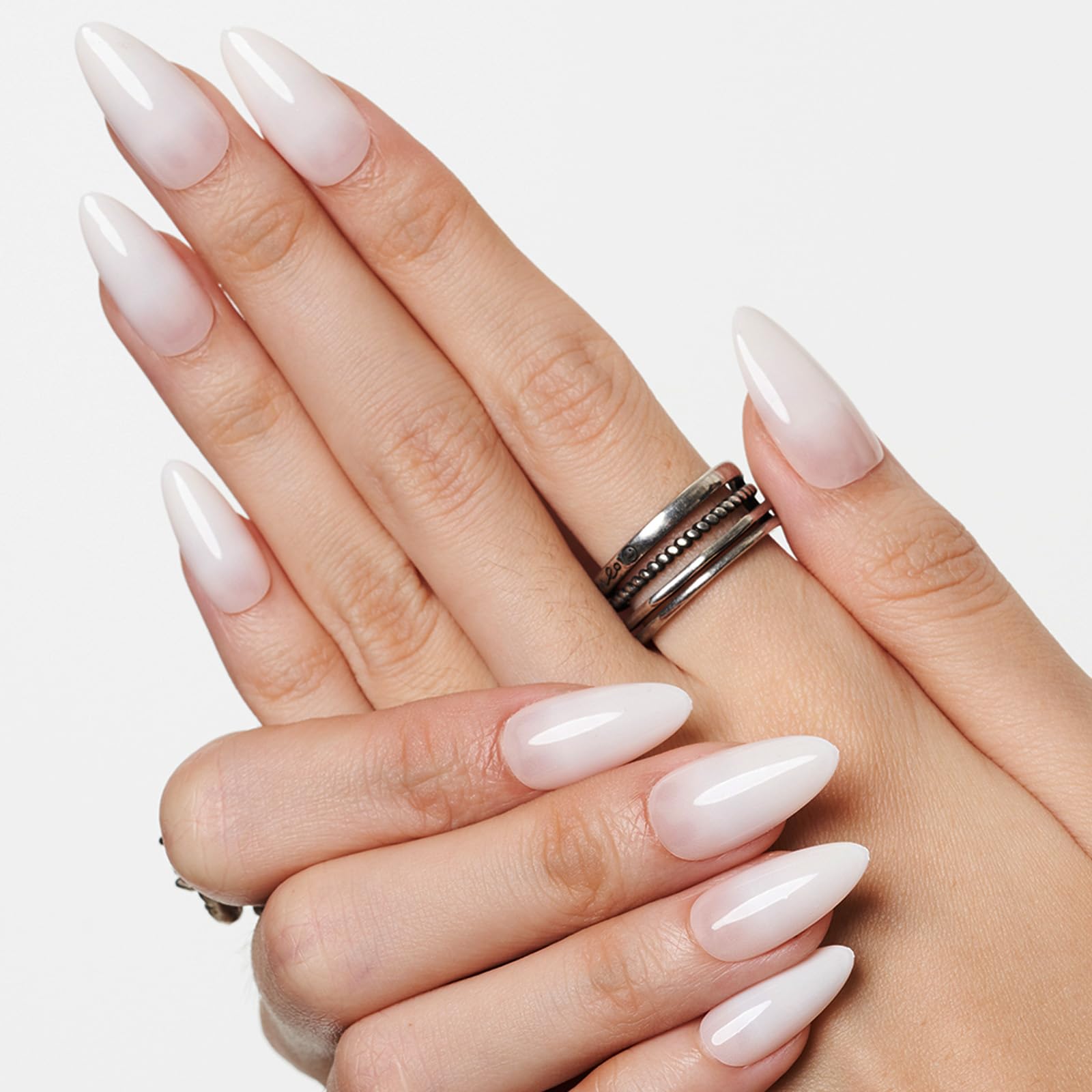 GLAMERMAID Press on Nails Medium Almond, Spring Summer White Ombre Gel Glue on Nail, 24Pcs Glossy Short Stiletto Reusable UV Finish Fake Nails Acrylic False Nails Manicure Kits for Women - Image 6