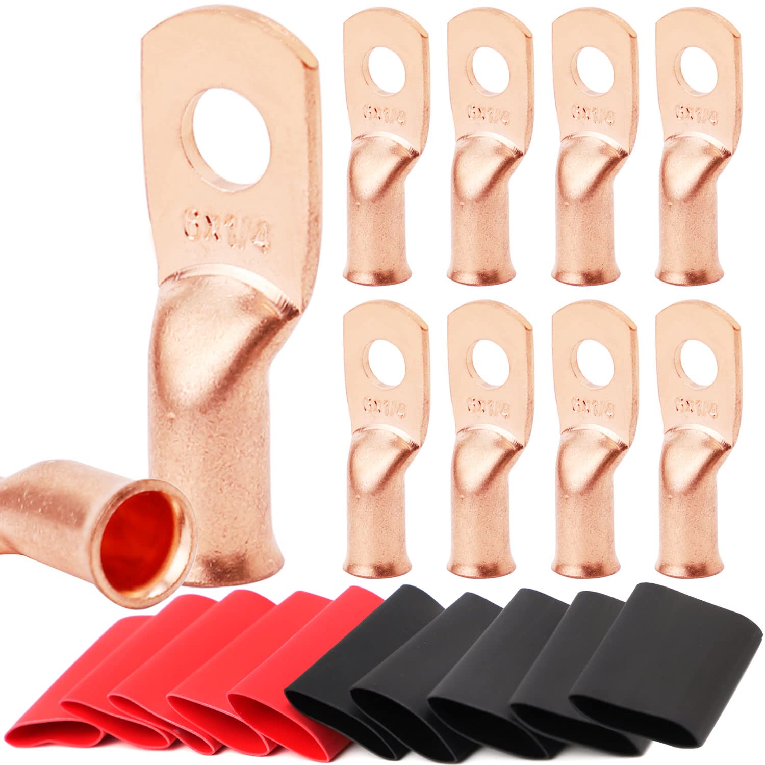 Photo 1 of TKDMR 10pcs 6 AWG-1/4 Battery Lugs,Heavy Duty Wire Lugs,Ring Terminals,Battery Cable Ends,0 Guage terminals,Battery Terminal Connectors with 10pcs 3:1 Heat Shrink Tubing