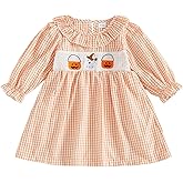 Toddler Girl Halloween Outfit Girls Ghost Pumpkin Smocked Dress Plaid Long Sleeve Princess Dresses Fall Clothes (A Pumpkin Ghost Orange, 12-18 Months)