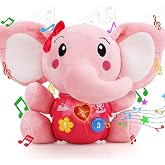 STEAM Life Plush Musical Elephant with Lights, Babies 0-36 Months, Pink | 12 songs, nature and animal sounds, soft short-velvet fabric, hand-size design