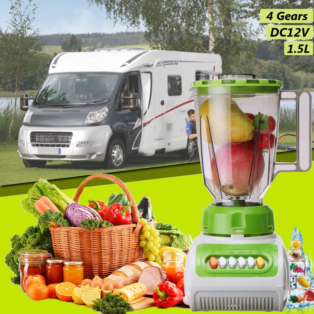 1.5L DC 12V Cars Juicer Mixer Juice Maker With Mill Jar Coffee Grinder For RV 4 Speed Motor with 6 Button 14x20x24.5cm Removable