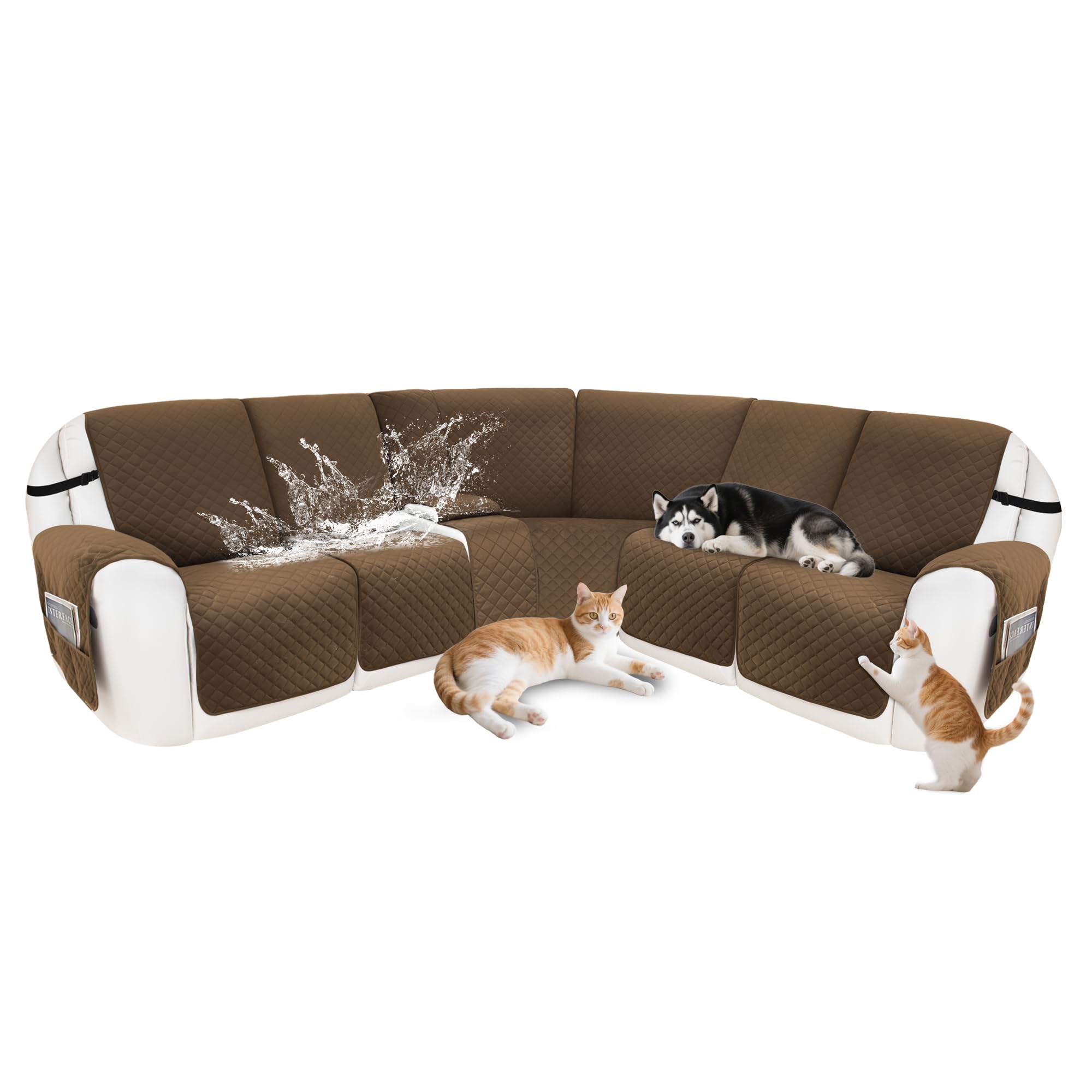 Photo 1 of SYJOVIA Recliner Sofa Covers 100% Waterproof Velvet L Shape Recliner Couch Covers for Sofa Pets Washable Anti Slip Recliner Slipcovers with Pockets (5 Seat Sofa with 1 Console, Brown)