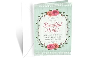 Prime Greetings Wife Valentine's Day Card, Made in America, Eco-Friendly, Thick Card Stock with Premium Envelope 5in x 7.75in, Packaged in Protective Mailer (Flower Wreath)