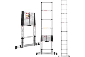 DEZEX 12.5 FT Stainless Steel Telescoping Ladders - One-Button Retraction Collapsible Extension Ladder for Home,RV,Attic,Lasts 375 LBS with Balance Bar and Wheels