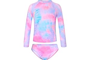TENVDA Girls Swimsuit Long Sleeve Rash Guard Sets UPF 50+ Two Piece Bathing Suits Size 3-12 Years