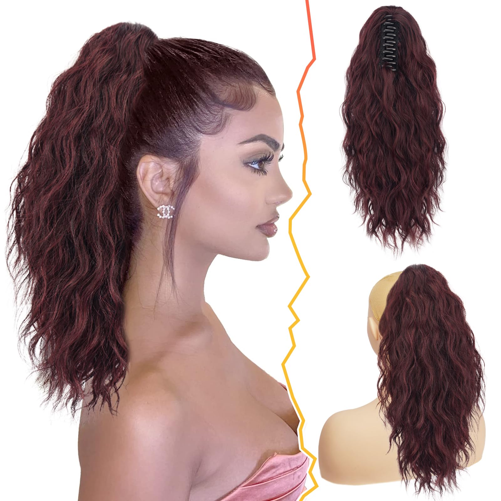 BARSDAR Red Ponytail Extension, Long Curly Wavy Claw Clip Ponytail Hair Extensions Multi Layered Claw Clip in Ponytail for Women Synthetic Hairpieces for Girls Daily Use Party (18Inch,Burgundy)