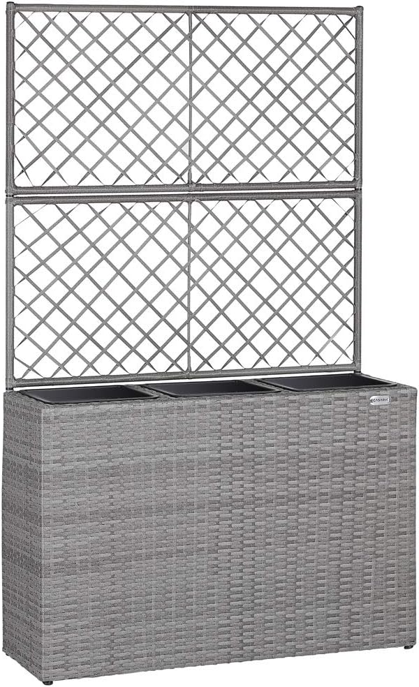 Casaria Blumenkasten mit Rankgitter Rankhilfe aus handgewobenem Polyrattangeflecht 3 Innentöpfe herausnehmbar Blumentopf Grau